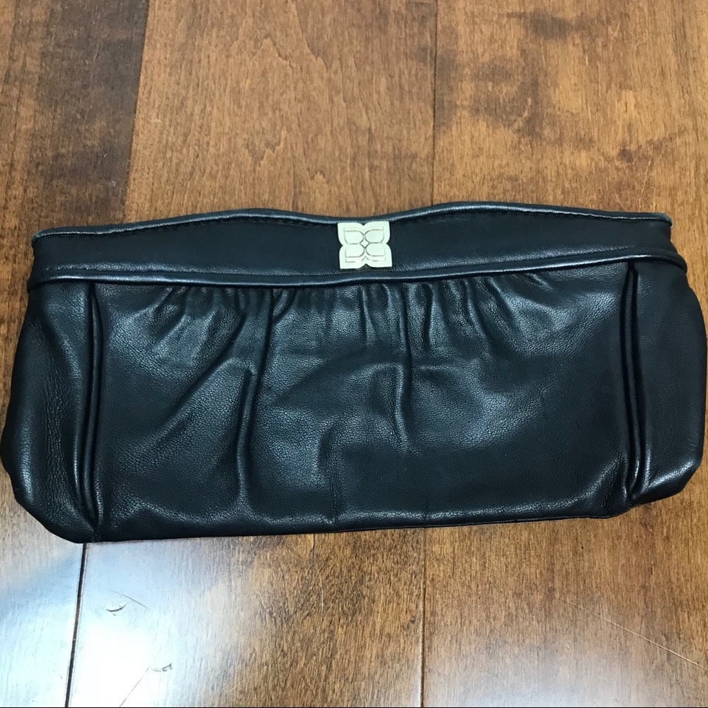 ⭐️BCBGMAXAZRIA Black Leather Clutch Logo Hardware